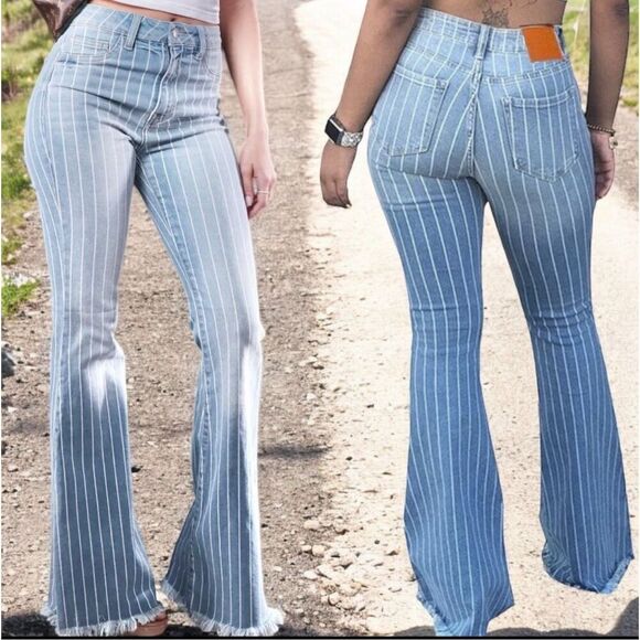 HomeFolk/L&B Light Wash Striped Flare Jeans NWT - Picture 1 of 16
